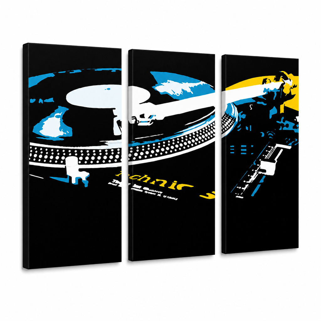 Ručno oslikana POP Art slika DJ od 3 dijela dj3 – 3D vizualizacija ručno oslikanog platna na bijeloj pozadini. Dominantne boje: crna, plava, žuta, bijela.