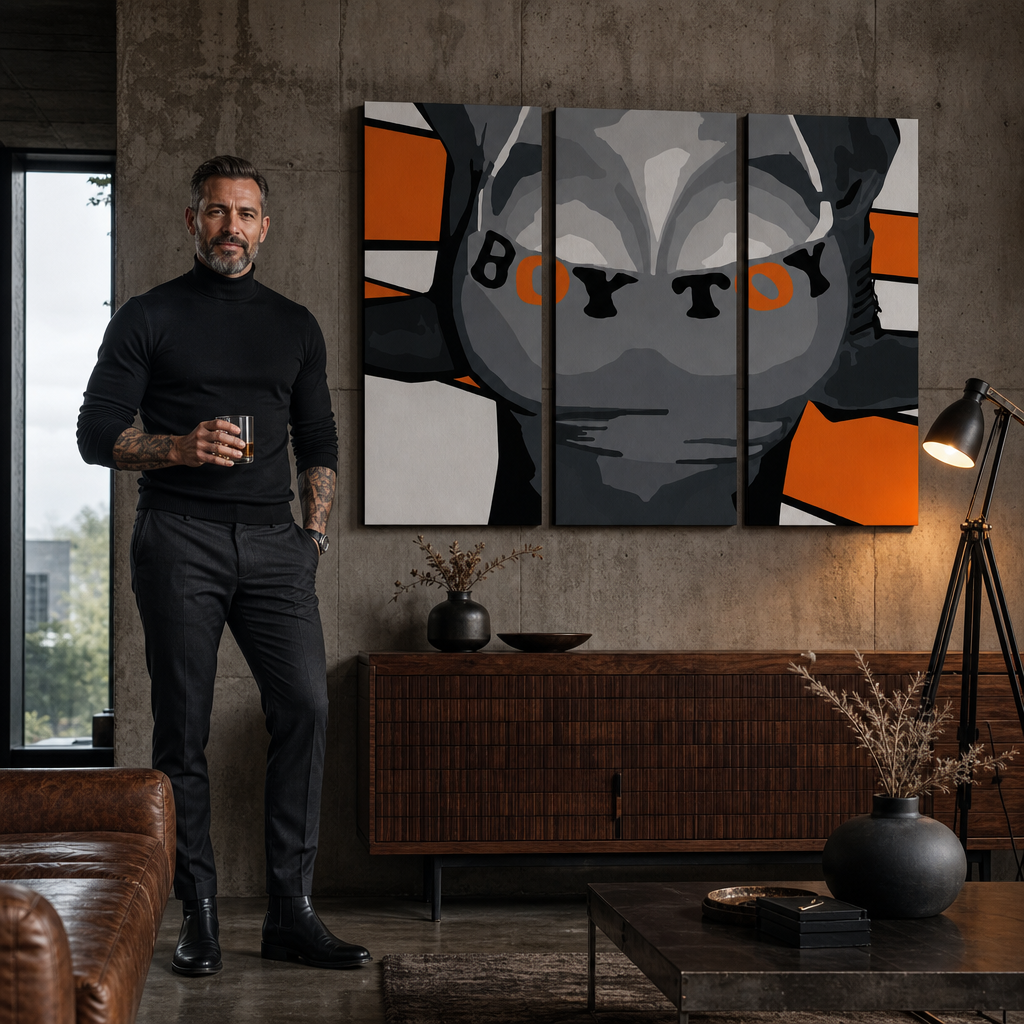 Ručno oslikana POP Art slika Dječak igračka od 3 dijela – slika u modernom muškom enterijeru, lifestyle vizualizacija. Dominantne boje: crna, narandžasta, siva.