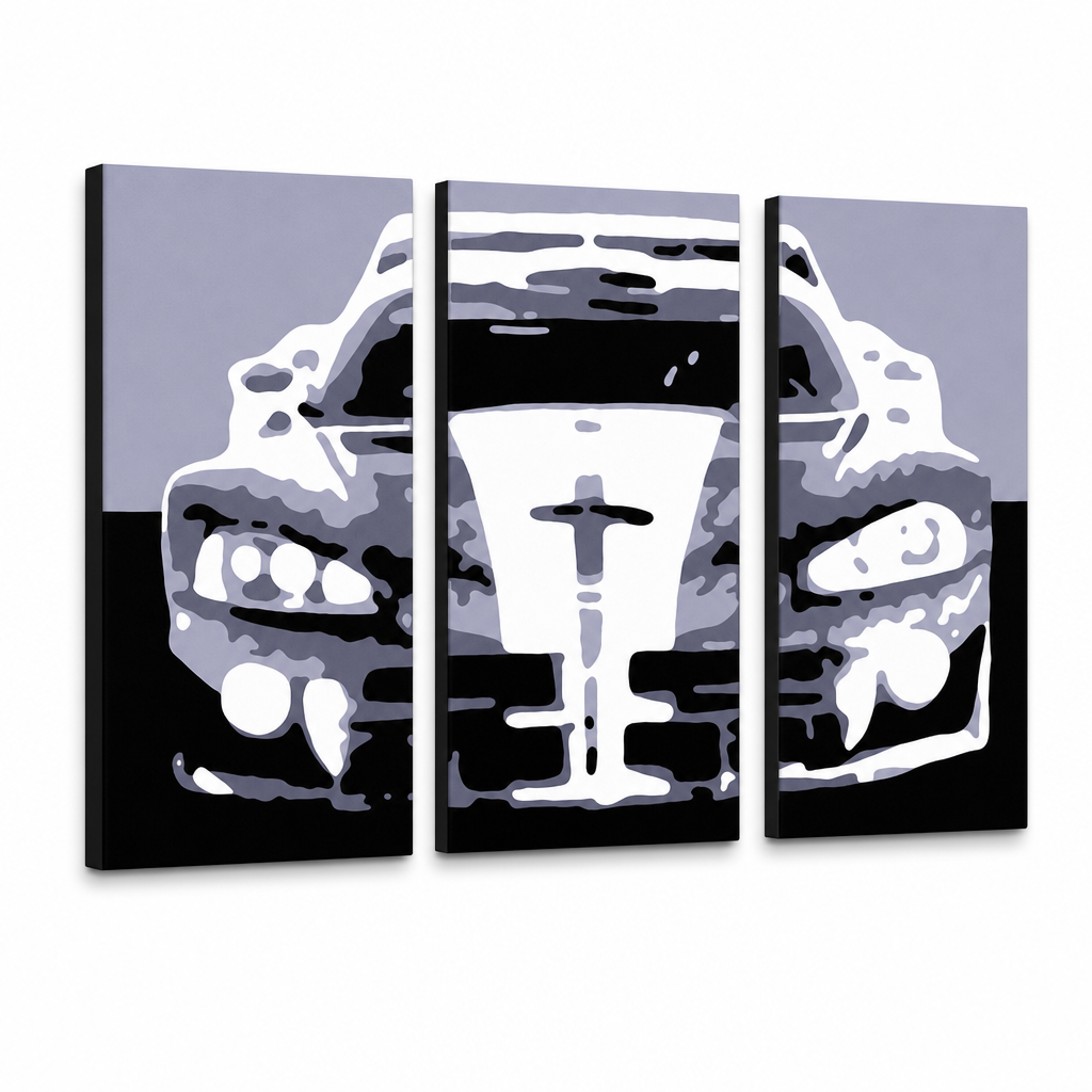 Ručno oslikana POP Art slika Dodge Viper GTS 3 dijela VIP – 3D vizualizacija ručno oslikanog platna na bijeloj pozadini. Dominantne boje: crna, siva, bijela.