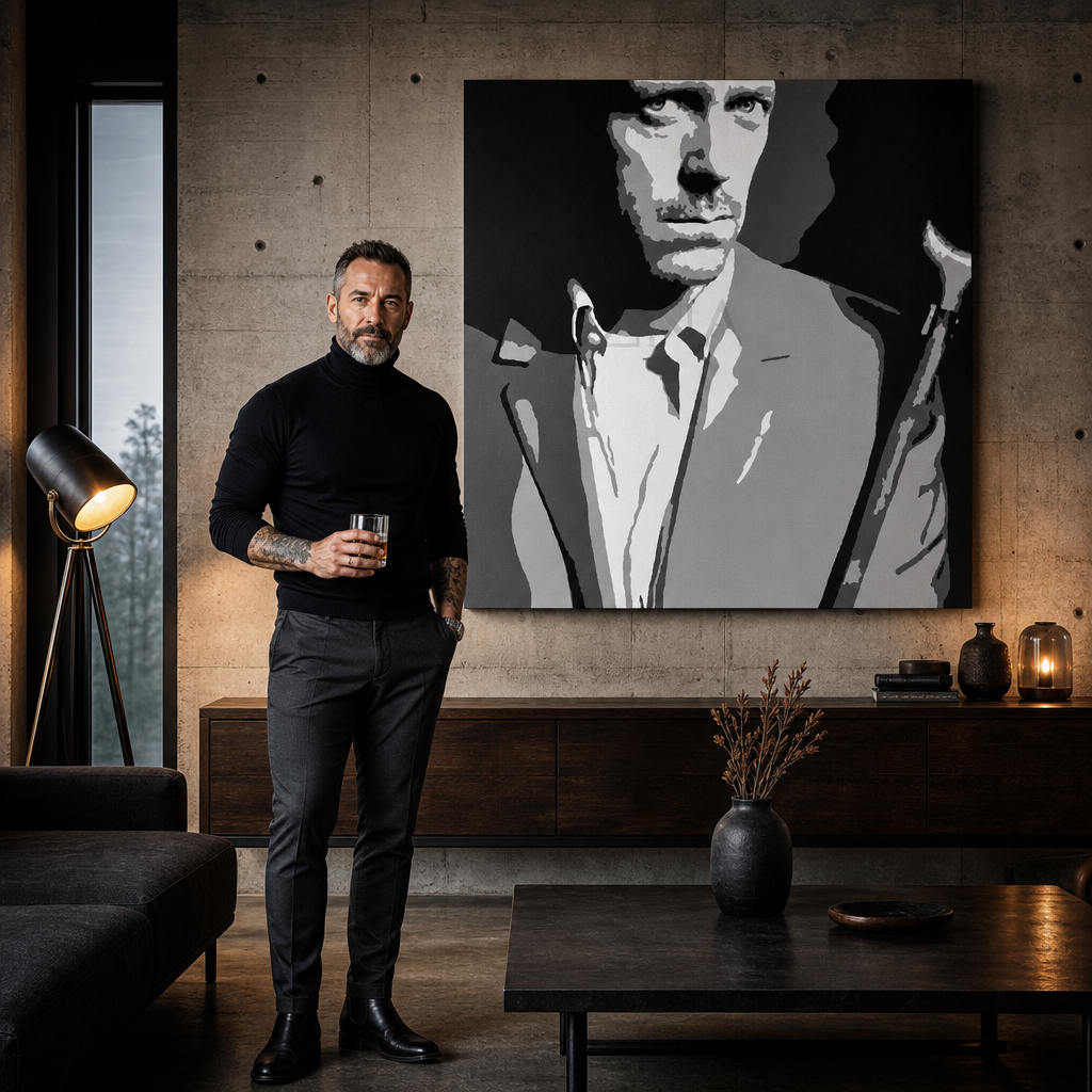 Ručno oslikana POP Art slika Dr. HOUSE 1 komad dh2 – slika u modernom muškom enterijeru, lifestyle vizualizacija. Dominantne boje: crna, bijela, siva.