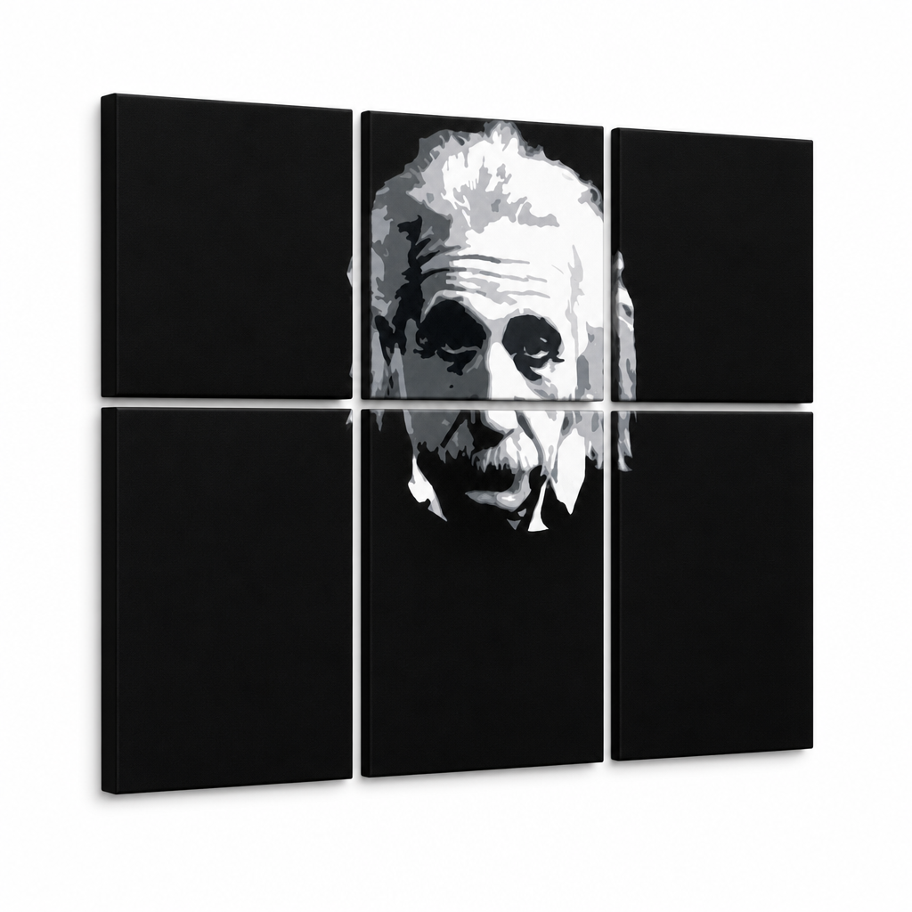 Ručno oslikana POP Art slika Einstein 6 dijelova Einstein – 3D vizualizacija ručno oslikanog platna na bijeloj pozadini. Dominantne boje: crna, bijela, siva.