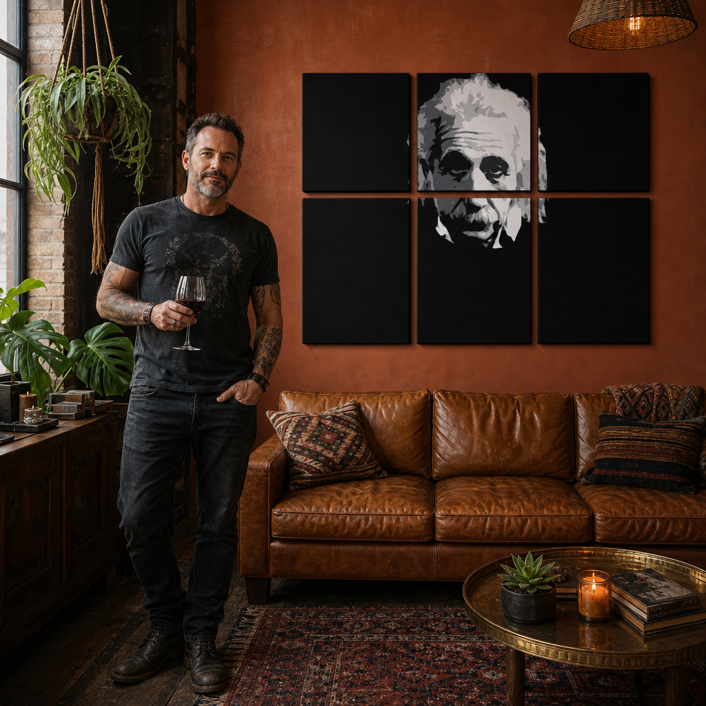 Ručno oslikana POP Art slika Einstein 6 dijelova Einstein – slika u modernom muškom enterijeru, lifestyle vizualizacija. Dominantne boje: crna, bijela, siva.