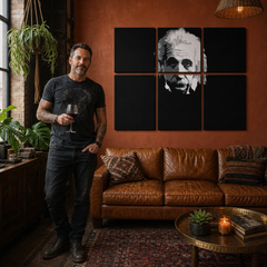 Ručno oslikana POP Art slika Einstein 6 dijelova Einstein – slika u modernom muškom enterijeru, lifestyle vizualizacija. Dominantne boje: crna, bijela, siva.