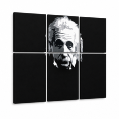 Ručno oslikana POP Art slika Einstein 6 dijelova Einstein – 3D vizualizacija ručno oslikanog platna na bijeloj pozadini. Dominantne boje: crna, bijela, siva.
