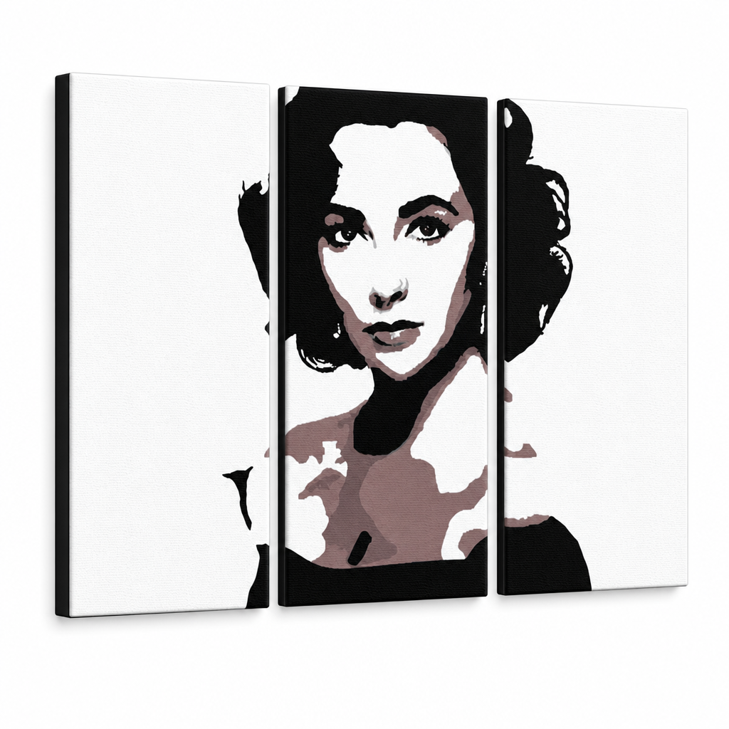 Ručno oslikana POP Art slika Elizabeth Taylor, 3 dijela, et2 – 3D vizualizacija ručno oslikanog platna na bijeloj pozadini. Dominantne boje: crna, smeđa, bijela.