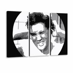Ručno oslikana POP Art slika ELVIS 3 dijela el2 – 3D vizualizacija ručno oslikanog platna na bijeloj pozadini. Dominantne boje: crna, bijela, žuta.