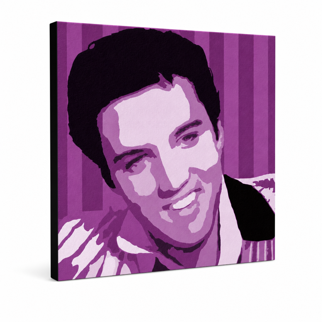 Ručno oslikana POP Art slika Elvis Presley 1 komad el4 – 3D vizualizacija ručno oslikanog platna na bijeloj pozadini. Dominantne boje: ljubičasta, bijela, crna.
