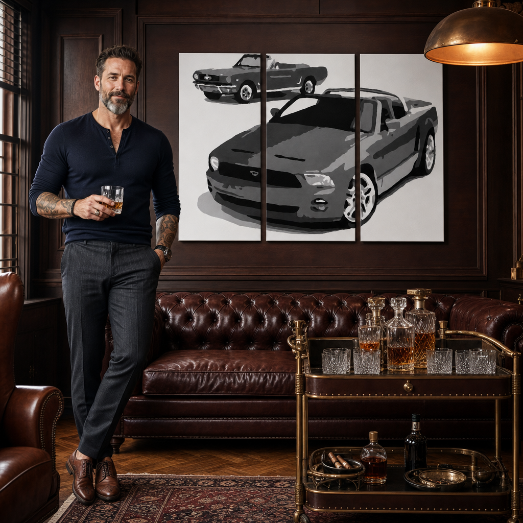 Ručno oslikana POP Art slika FORD MUSTANG 3 dijela fm2 – slika u modernom muškom enterijeru, lifestyle vizualizacija. Dominantne boje: crna, bijela, siva.