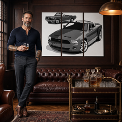 Ručno oslikana POP Art slika FORD MUSTANG 3 dijela fm2 – slika u modernom muškom enterijeru, lifestyle vizualizacija. Dominantne boje: crna, bijela, siva.