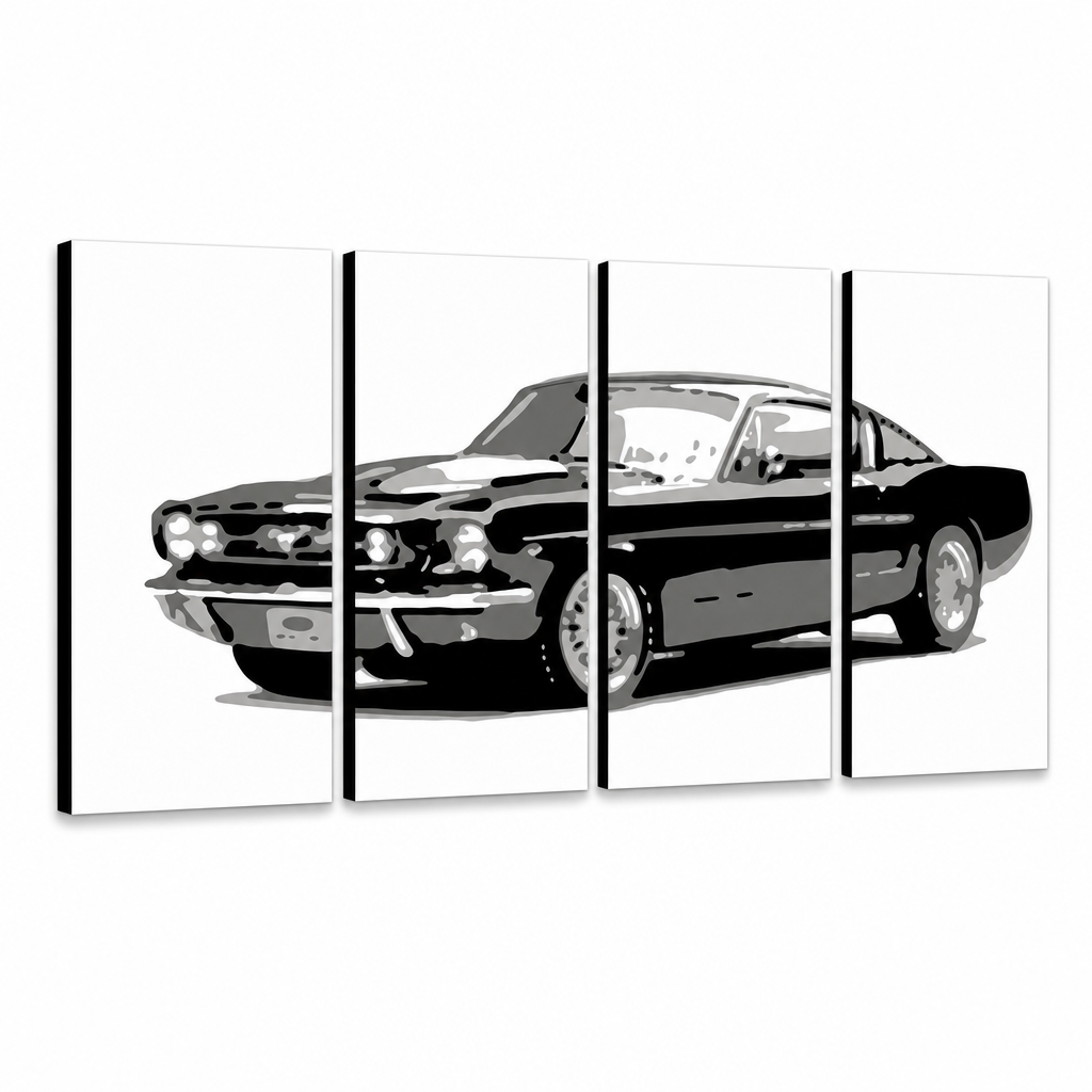 Ručno oslikana POP Art slika Ford Mustang fm iz 4 dijela – 3D vizualizacija ručno oslikanog platna na bijeloj pozadini. Dominantne boje: crna, siva, bijela.