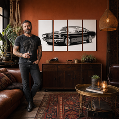 Ručno oslikana POP Art slika Ford Mustang fm iz 4 dijela – slika u modernom muškom enterijeru, lifestyle vizualizacija. Dominantne boje: crna, siva, bijela.