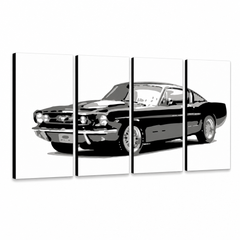 Ručno oslikana POP Art slika Ford Mustang fm iz 4 dijela – 3D vizualizacija ručno oslikanog platna na bijeloj pozadini. Dominantne boje: crna, siva, bijela.