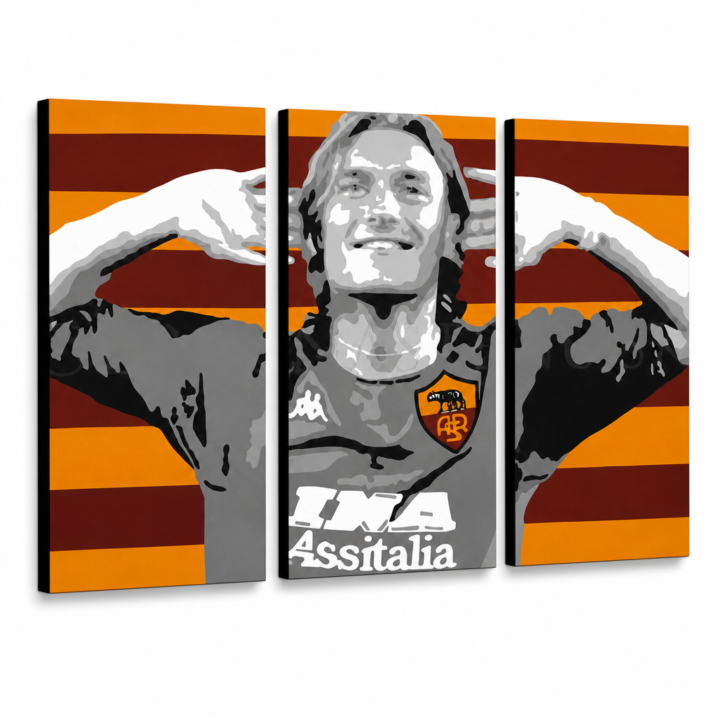 Ručno oslikana POP Art slika Francesco Totti mališan od 3 dijela – 3D vizualizacija ručno oslikanog platna na bijeloj pozadini. Dominantne boje: crvena, narandžasta, siva, crna, bijela.