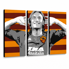 Ručno oslikana POP Art slika Francesco Totti mališan od 3 dijela – 3D vizualizacija ručno oslikanog platna na bijeloj pozadini. Dominantne boje: crvena, narandžasta, siva, crna, bijela.