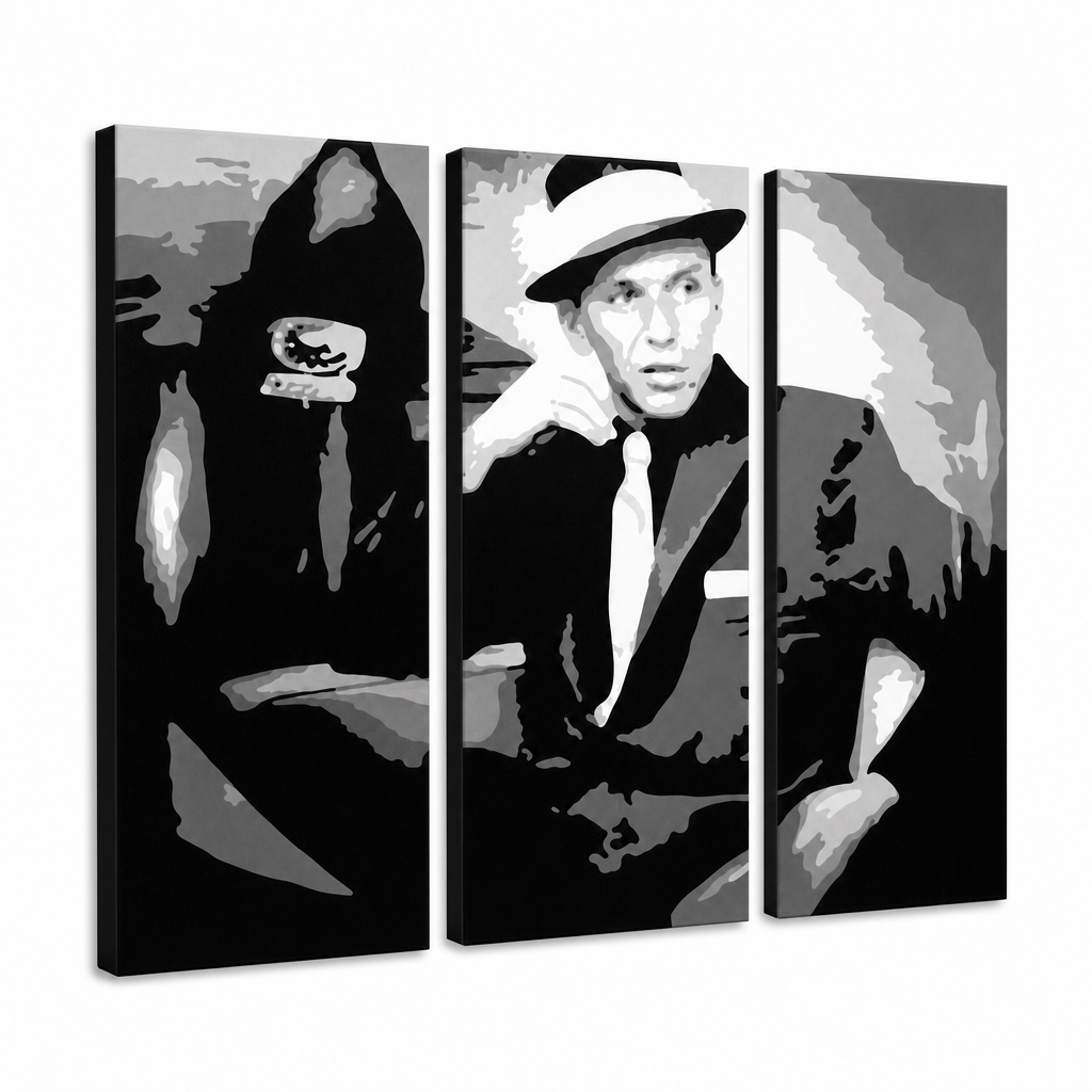 Ručno oslikana POP Art slika Frank Sinatra grijeh od 3 dijela – 3D vizualizacija ručno oslikanog platna na bijeloj pozadini. Dominantne boje: crna, bijela, siva.