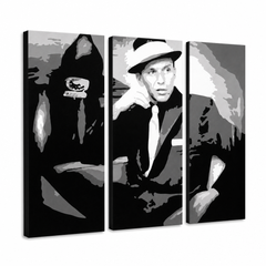 Ručno oslikana POP Art slika Frank Sinatra grijeh od 3 dijela – 3D vizualizacija ručno oslikanog platna na bijeloj pozadini. Dominantne boje: crna, bijela, siva.