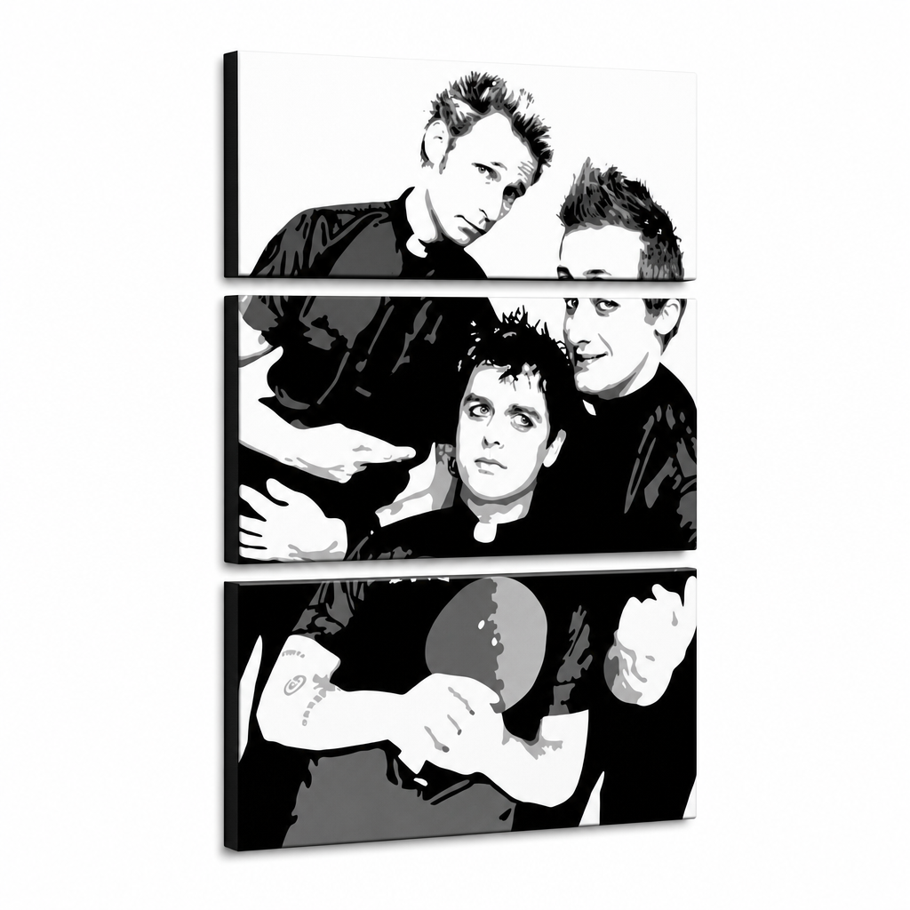 Ručno oslikana POP Art slika Green Day 3 piece gd – 3D vizualizacija ručno oslikanog platna na bijeloj pozadini. Dominantne boje: crna, bijela, siva.