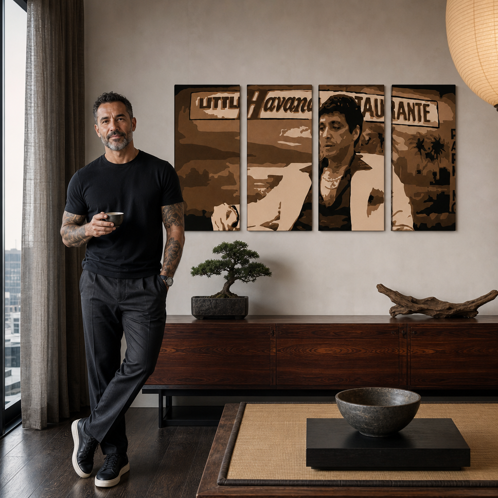 Ručno oslikana POP Art slika HAVANA - AL PACINO 4 dijela al17 – slika u modernom muškom enterijeru, lifestyle vizualizacija. Dominantne boje: smeđa, bež, crna.