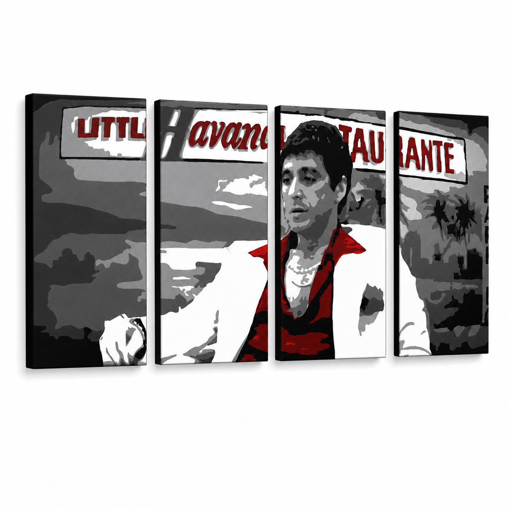 Ručno oslikana POP Art slika HAVANA - AL PACINO 4 dijela al29 – 3D vizualizacija ručno oslikanog platna na bijeloj pozadini. Dominantne boje: crna, crvena, bijela, siva, smeđa.