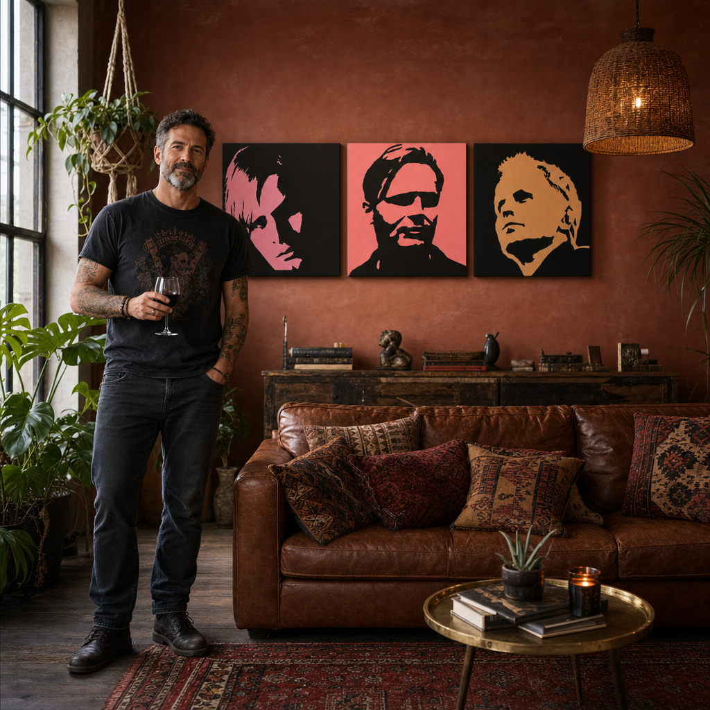 Ručno oslikana POP Art slika Herbert Grônemeyer 3 dijela hg – slika u modernom muškom enterijeru, lifestyle vizualizacija. Dominantne boje: crna, roza, narandžasta.
