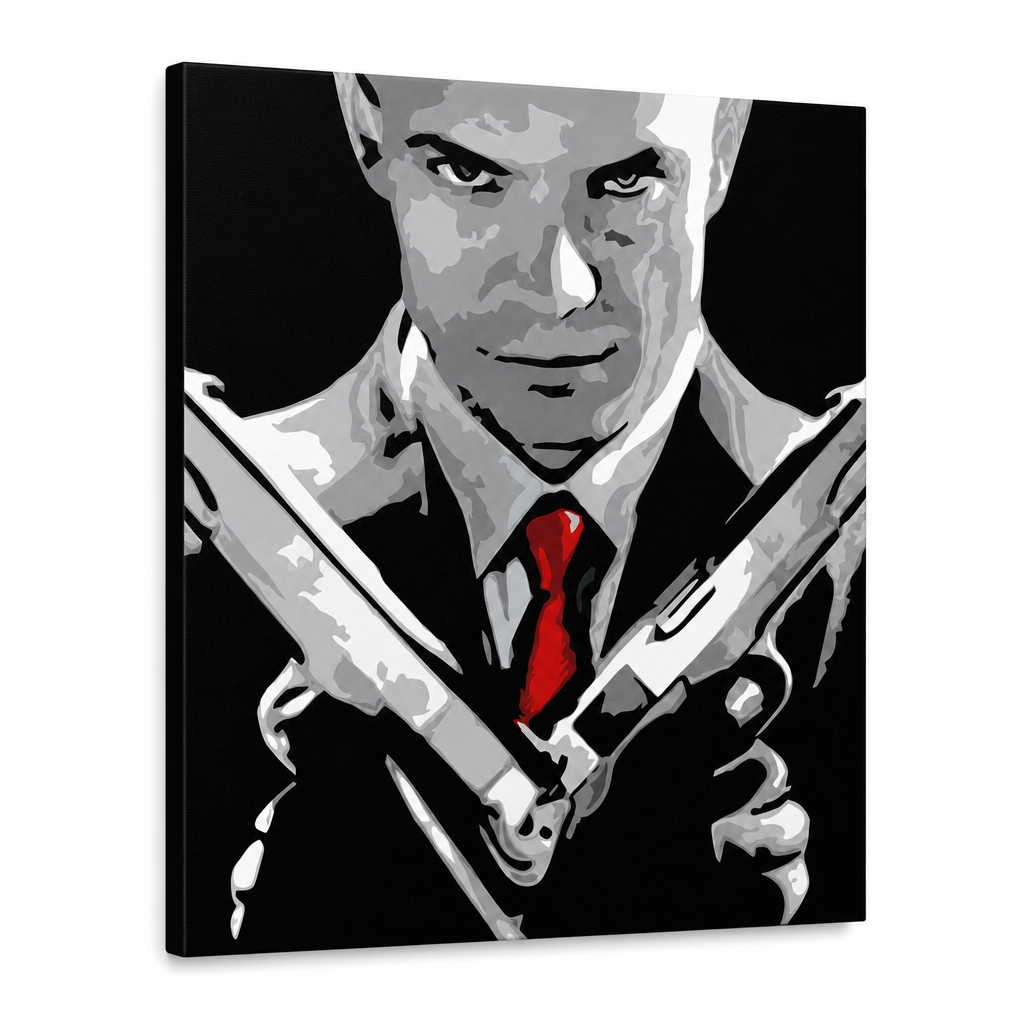 Ručno oslikana POP Art slika HITMAN 1 dio hit2 – 3D vizualizacija ručno oslikanog platna na bijeloj pozadini. Dominantne boje: crna, bijela, crvena, siva, smeđa.