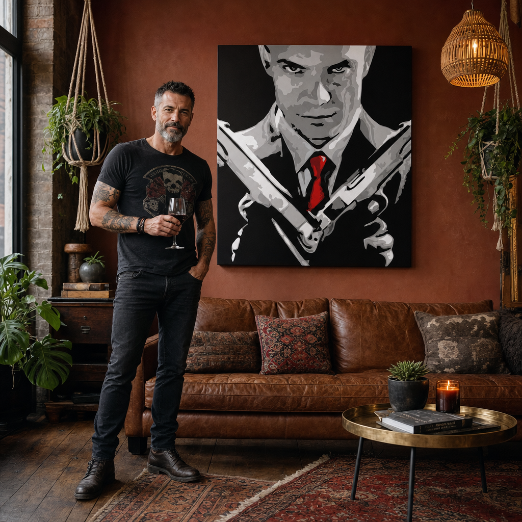 Ručno oslikana POP Art slika HITMAN 1 dio hit2 – slika u modernom muškom enterijeru, lifestyle vizualizacija. Dominantne boje: crna, bijela, crvena, siva, smeđa.