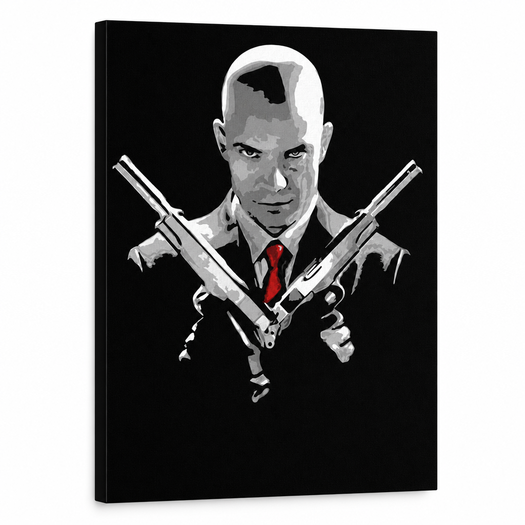 Ručno oslikana POP Art slika HITMAN hit – 3D vizualizacija ručno oslikanog platna na bijeloj pozadini. Dominantne boje: crna, crvena, siva.