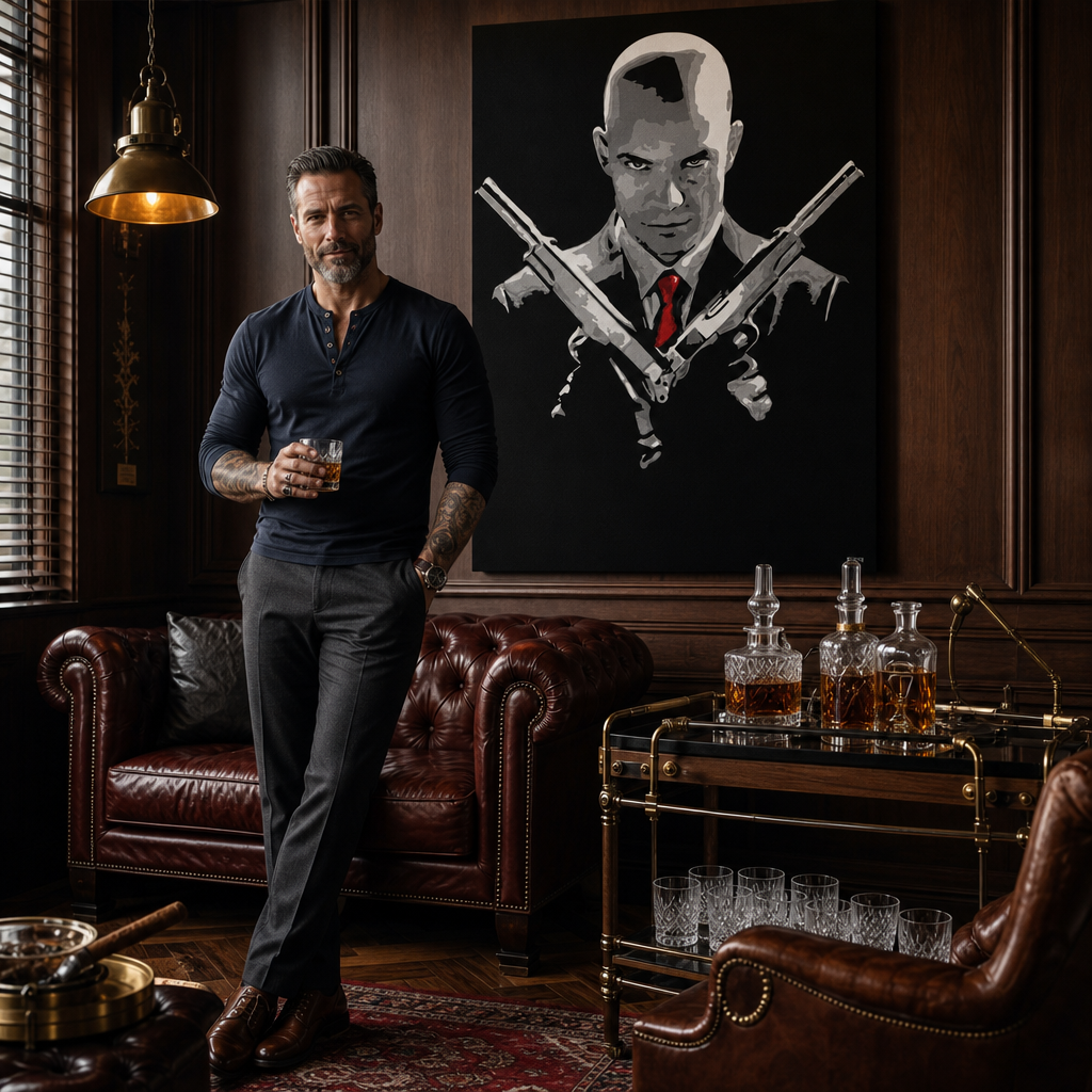 Ručno oslikana POP Art slika HITMAN hit – slika u modernom muškom enterijeru, lifestyle vizualizacija. Dominantne boje: crna, crvena, siva.