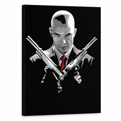 Ručno oslikana POP Art slika HITMAN hit – 3D vizualizacija ručno oslikanog platna na bijeloj pozadini. Dominantne boje: crna, crvena, siva.