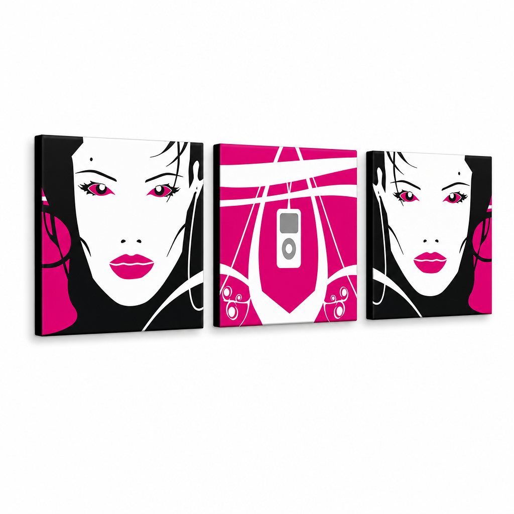 Ručno oslikana POP Art slika I-GIRL 3 dijela pw – 3D vizualizacija ručno oslikanog platna na bijeloj pozadini. Dominantne boje: roza, crna, bijela, siva.