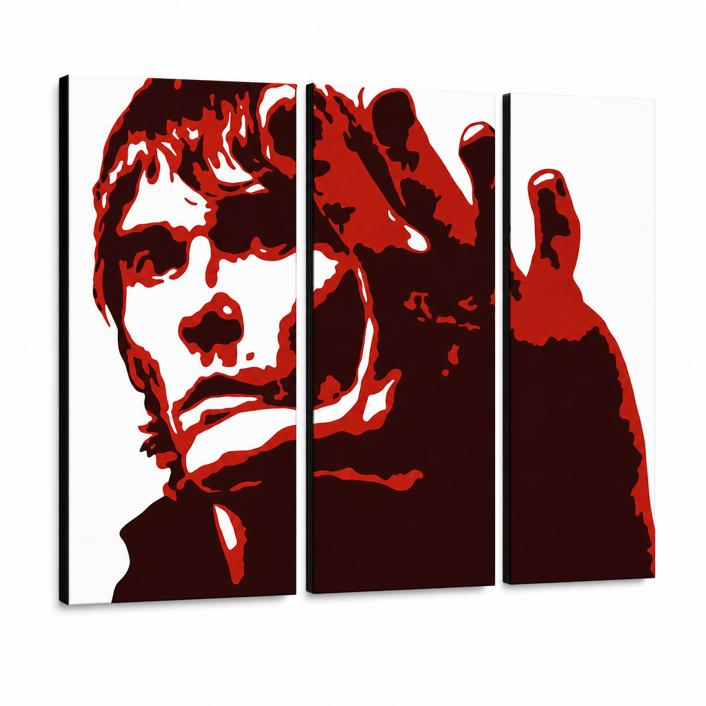 Ručno oslikana POP Art slika Ian Brown 3 dijela ib3 – 3D vizualizacija ručno oslikanog platna na bijeloj pozadini. Dominantne boje: crvena, crna, bijela.