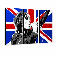 Ručno oslikana POP Art slika Ian Brown, 3 dijela ib4 – 3D vizualizacija ručno oslikanog platna na bijeloj pozadini. Dominantne boje: crna, crvena, plava, bijela, siva.