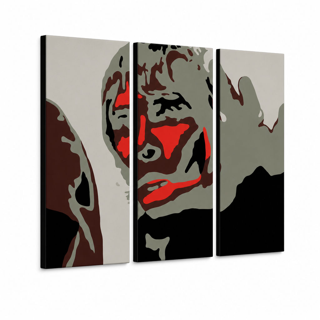 Ručno oslikana POP Art slika Ian Brown, 3 dijela, IBB – 3D vizualizacija ručno oslikanog platna na bijeloj pozadini. Dominantne boje: crna, crvena, siva, smeđa, bijela.
