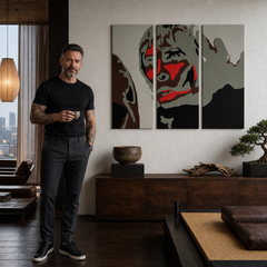 Ručno oslikana POP Art slika Ian Brown, 3 dijela, IBB – slika u modernom muškom enterijeru, lifestyle vizualizacija. Dominantne boje: crna, crvena, siva, smeđa, bijela.