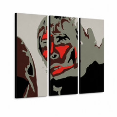 Ručno oslikana POP Art slika Ian Brown, 3 dijela, IBB – 3D vizualizacija ručno oslikanog platna na bijeloj pozadini. Dominantne boje: crna, crvena, siva, smeđa, bijela.