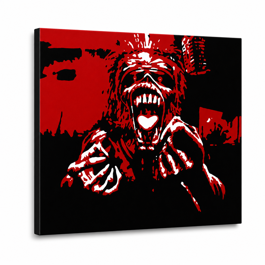 Ručno oslikana POP Art slika Iron Maiden 1 komad – 3D vizualizacija ručno oslikanog platna na bijeloj pozadini. Dominantne boje: crvena, crna, bijela.