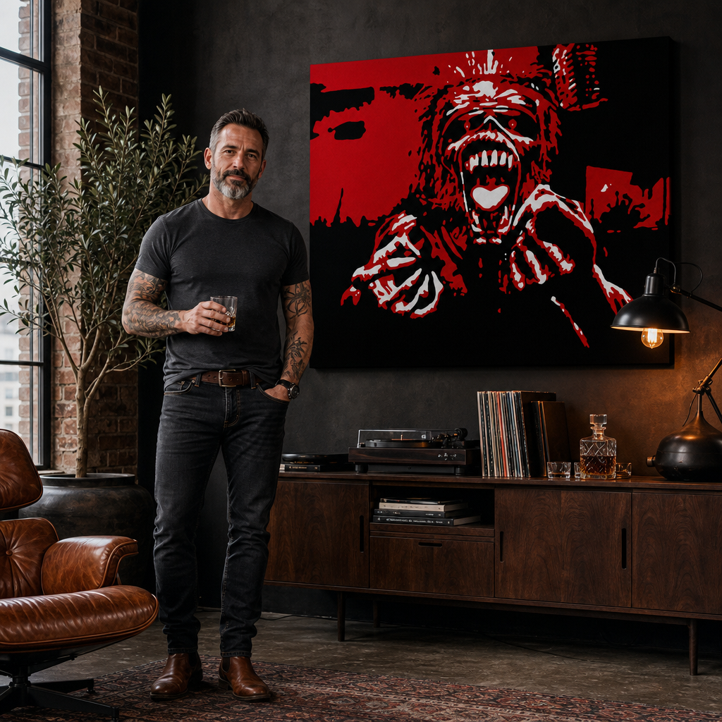 Ručno oslikana POP Art slika Iron Maiden 1 komad – slika u modernom muškom enterijeru, lifestyle vizualizacija. Dominantne boje: crvena, crna, bijela.