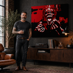 Ručno oslikana POP Art slika Iron Maiden 1 komad – slika u modernom muškom enterijeru, lifestyle vizualizacija. Dominantne boje: crvena, crna, bijela.