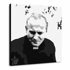 Ručno oslikana POP Art slika Ivana Pavla II. 1 dio jp – 3D vizualizacija ručno oslikanog platna na bijeloj pozadini. Dominantne boje: crna, bijela, siva.