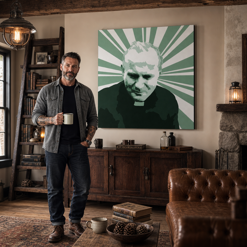 Ručno oslikana POP Art slika Ivana Pavla II. 1 dio jp3 – slika u modernom muškom enterijeru, lifestyle vizualizacija. Dominantne boje: zelena, bijela, crna.