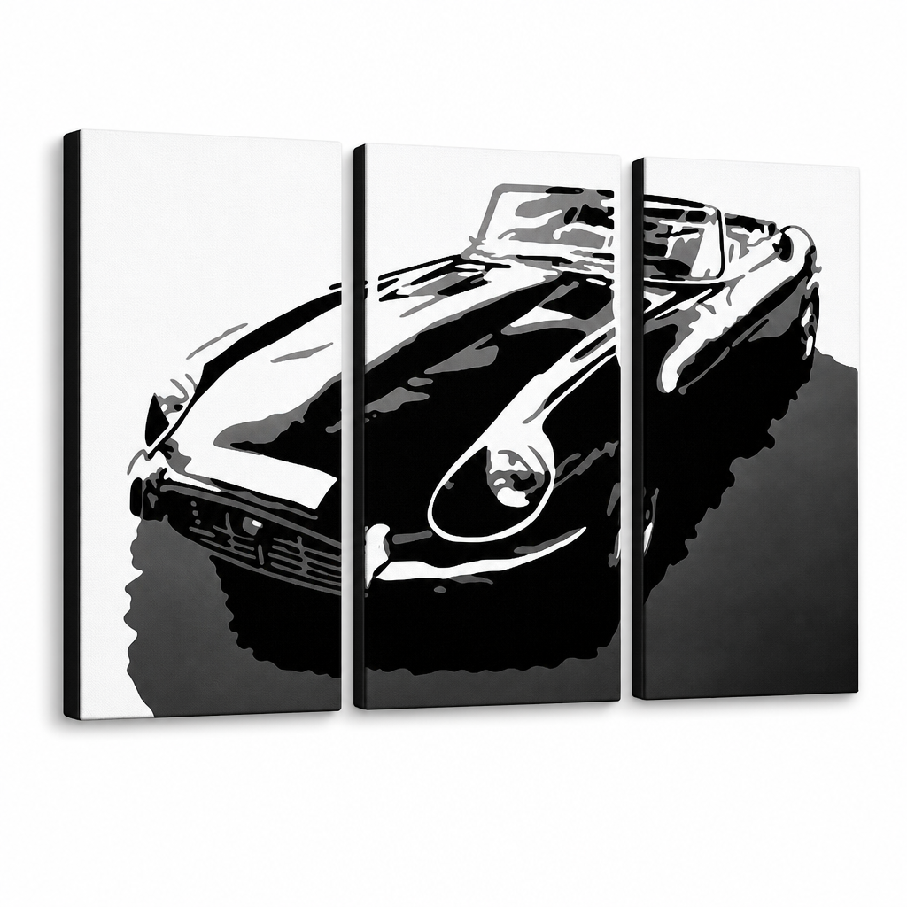 Ručno oslikana POP Art slika JAGUAR 3 kom – 3D vizualizacija ručno oslikanog platna na bijeloj pozadini. Dominantne boje: crna, bijela, siva.