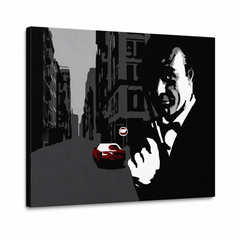 Ručno oslikana POP Art slika James Bond 1 dio bond3 – 3D vizualizacija ručno oslikanog platna na bijeloj pozadini. Dominantne boje: crna, siva, crvena.