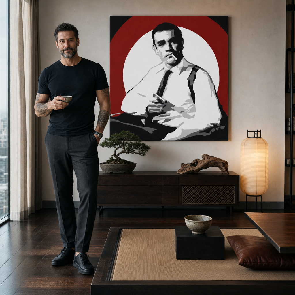 Ručno oslikana POP Art slika James Bond 1 dio bond4 – slika u modernom muškom enterijeru, lifestyle vizualizacija. Dominantne boje: crna, bijela, crvena.