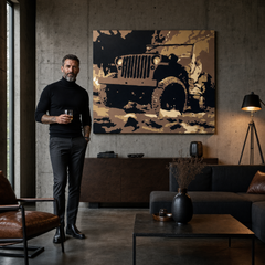 Ručno oslikana POP Art slika JEEP 1 komad jeep – slika u modernom muškom enterijeru, lifestyle vizualizacija. Dominantne boje: smeđa, crna, bež, zlatna.