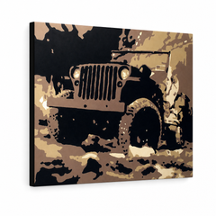 Ručno oslikana POP Art slika JEEP 1 komad jeep – 3D vizualizacija ručno oslikanog platna na bijeloj pozadini. Dominantne boje: smeđa, crna, bež, zlatna.