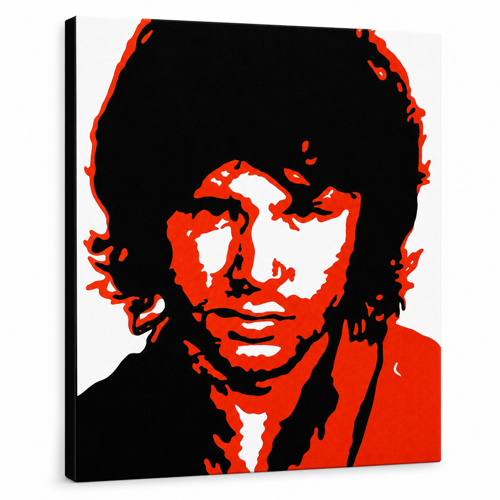 Ručno oslikana POP Art slika Jim Morrison 1 komad jm2 – 3D vizualizacija ručno oslikanog platna na bijeloj pozadini. Dominantne boje: crna, crvena, bijela.
