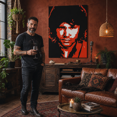 Ručno oslikana POP Art slika Jim Morrison 1 komad jm2 – slika u modernom muškom enterijeru, lifestyle vizualizacija. Dominantne boje: crna, crvena, bijela.