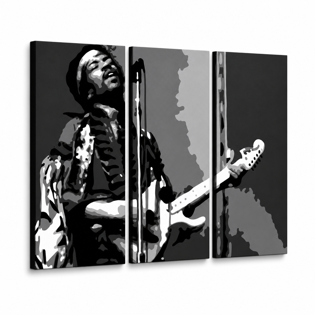 Ručno oslikana POP Art slika Jimmy Hendrix 3 dijela jh – 3D vizualizacija ručno oslikanog platna na bijeloj pozadini. Dominantne boje: crna, bijela, siva.