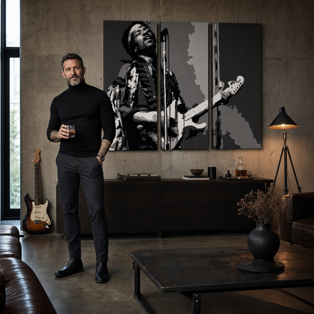 Ručno oslikana POP Art slika Jimmy Hendrix 3 dijela jh – slika u modernom muškom enterijeru, lifestyle vizualizacija. Dominantne boje: crna, bijela, siva.