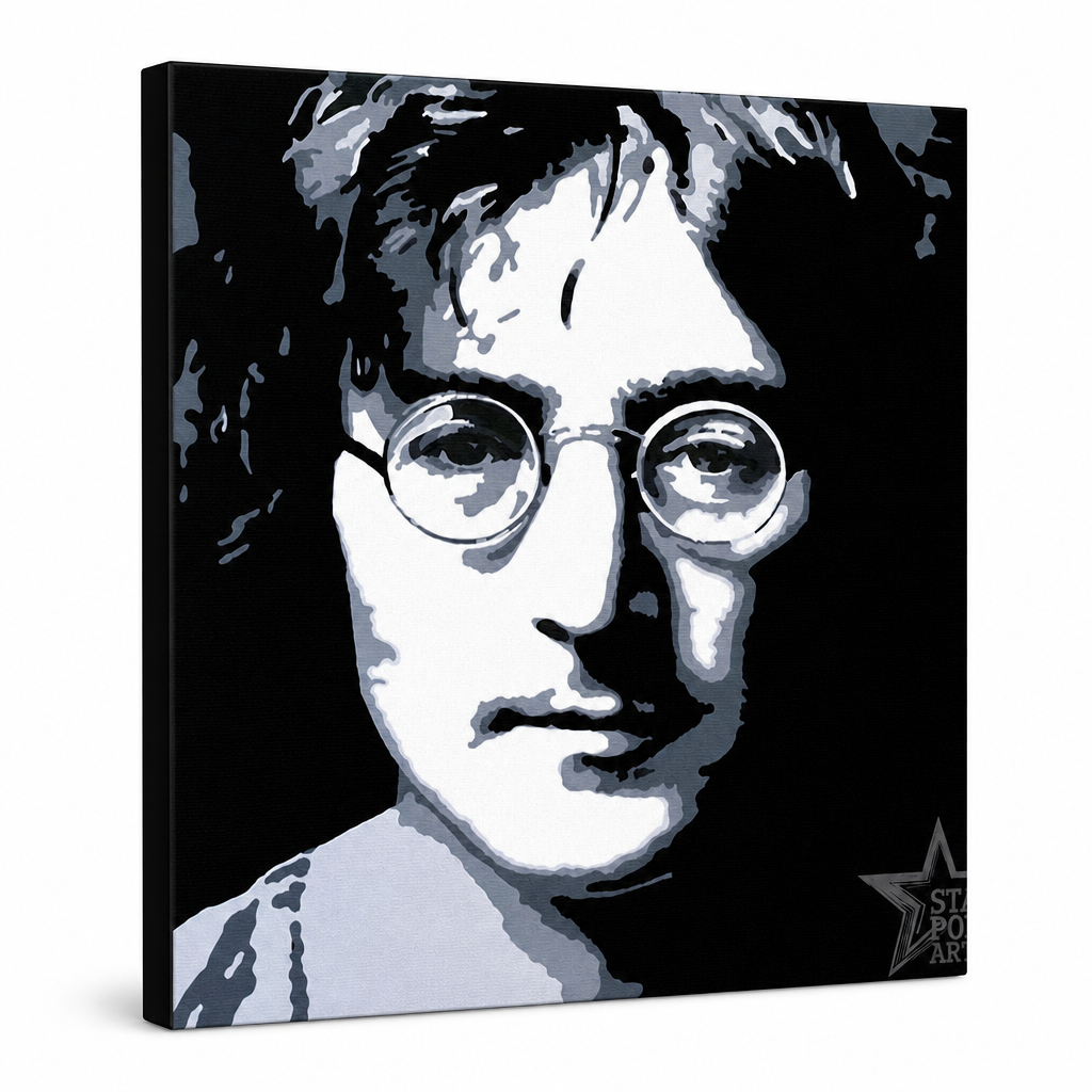 Ručno oslikana POP Art slika John Lennon 1 komad jl – 3D vizualizacija ručno oslikanog platna na bijeloj pozadini. Dominantne boje: crna, bijela, siva.